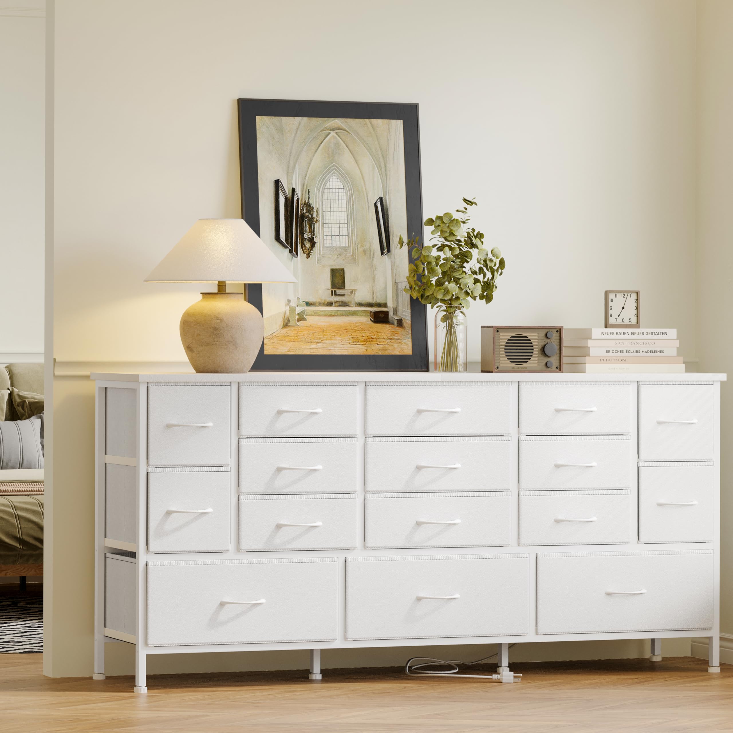 Amazon.com: Fixwal 63.3 Inch Long Bedroom Dressers with Drawers Large  Cabinet with Power Outlets Bedroom TV Stand with Storage, Fabric Dresser  for Girl Bedroom with 16 Drawers, White : Home & Kitchen