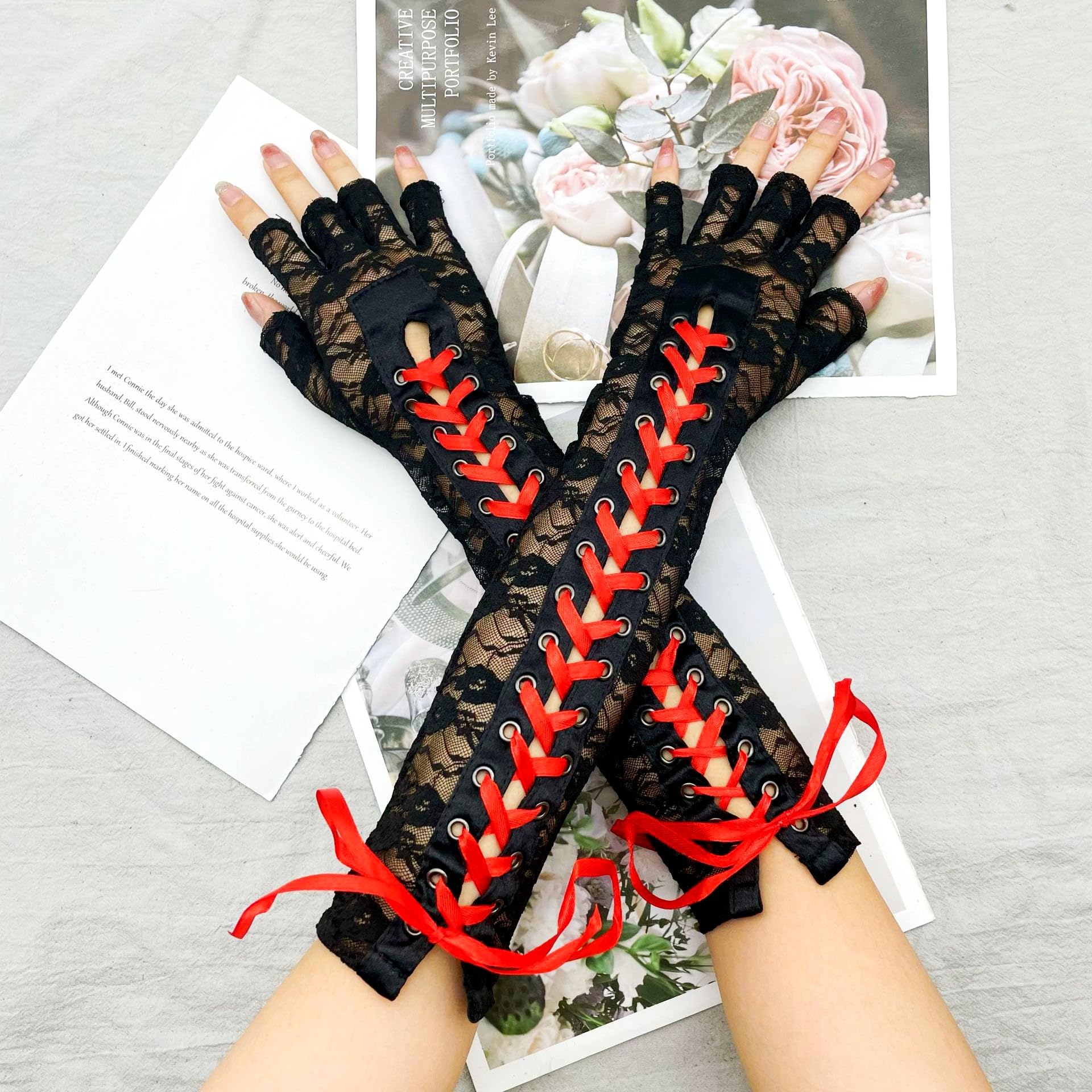 Specell Long Lace Fingerless Gloves Women Fingerless Gloves For Bridal Wedding Prom Party Costume Accessories: A-b- Black and Red - Fingerless Gloves