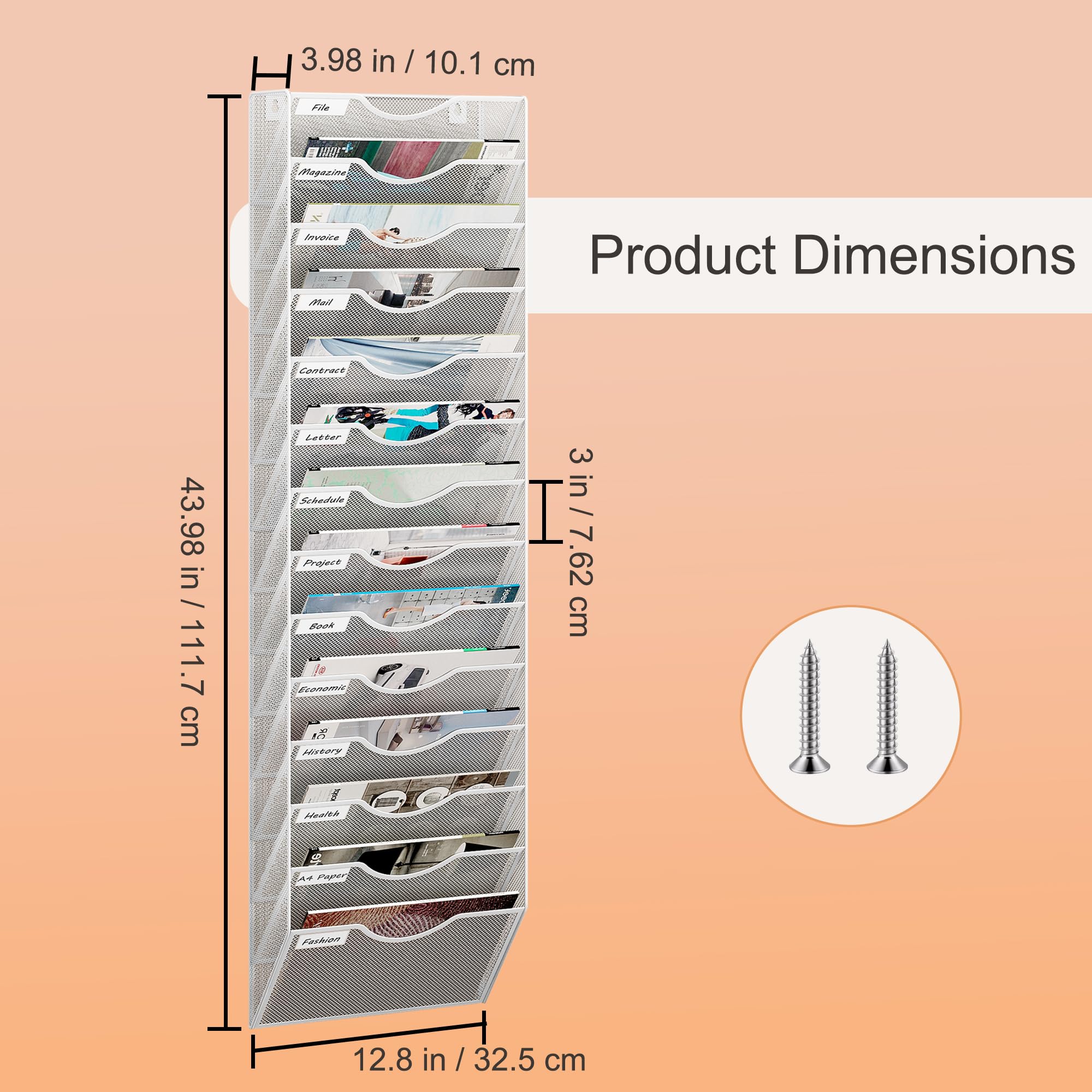 Senhoglb 14 Tier Hangende Muur Bestandshouder, Metalen A4 Wandgemonteerde Document Houder, Verticale Hangende Mail Organizer, Magazine Opbergrek met Lade voor Kantoor Thuis Klaslokaal, Wit