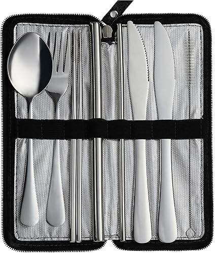 VANDBAO Juego de utensilios de camping, utensilios de viaje portátiles con estuche para fijar vajilla, juego de cubiertos de acero inoxidable