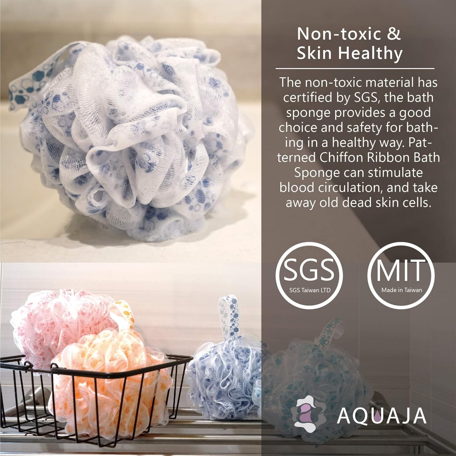 AQUAJA Shower Loofah Bath Sponge Loofah - Exfoliating Bath Shower Sponge/Pouf/Puffs/Luffa/Lufa - Exfoliate with Beauty Bathing Accessories Rich Bubbles Shower Ball Sponge for Men and Women (4 Pack): Health & Personal Care