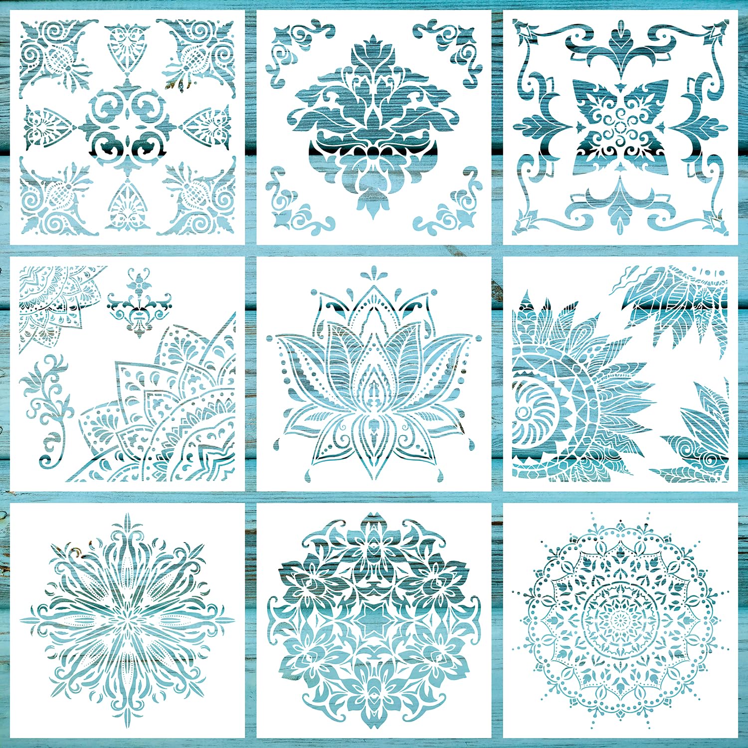 9 Pack 12x12 Inch Large Stencil Reusable Mandala Stencil Laser Cut Painting Template for Floor Wall Tile Fabric Furniture, DIY Art and Craft Stencils