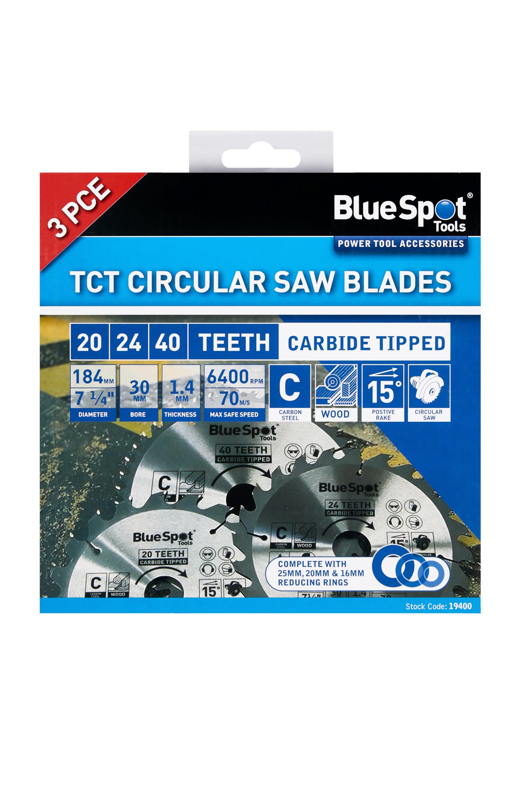 Blue Spot Tools 19400 3 PCE 184MM X 30MM TCT Circular Saw Blades (20, 24 & 40 Teeth)