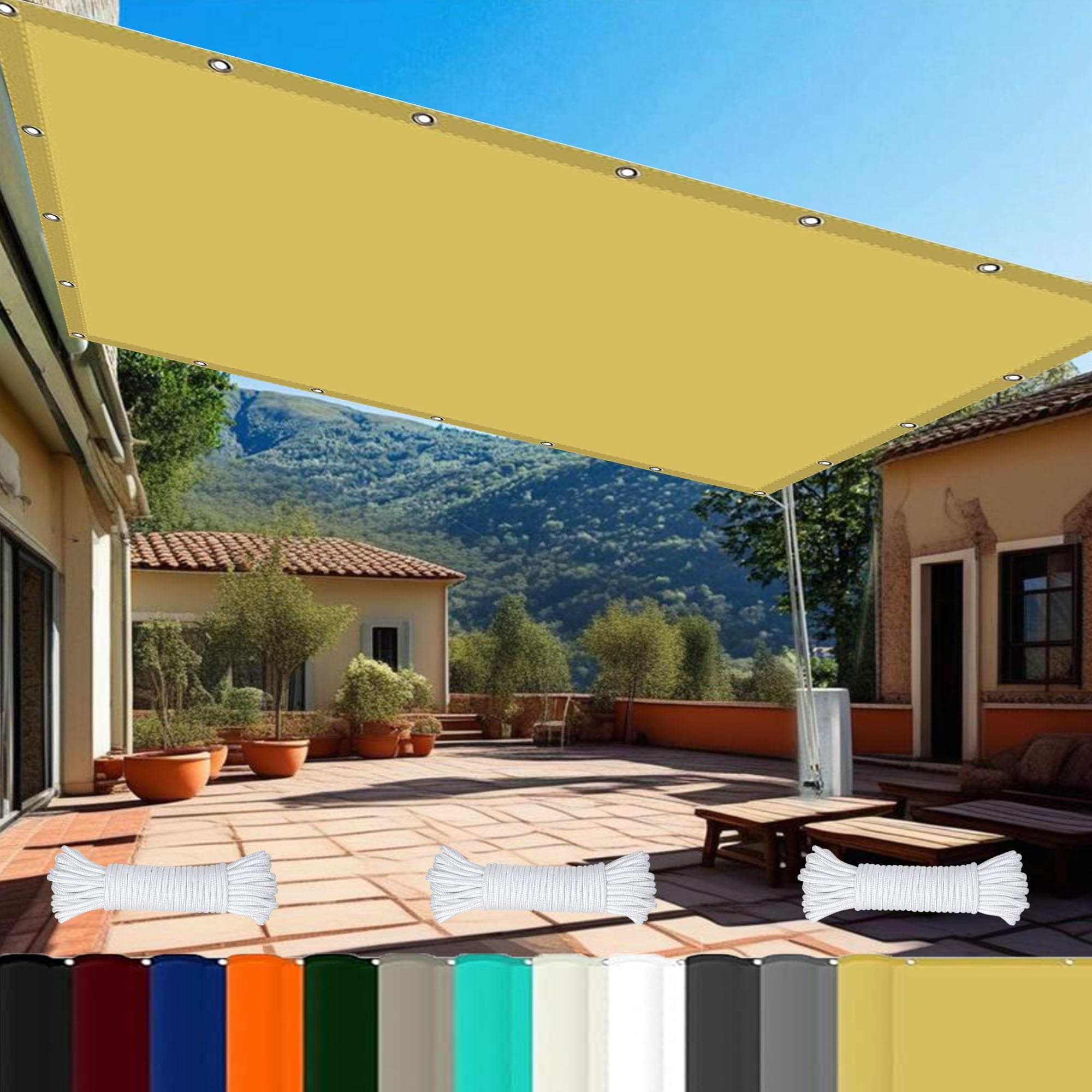Markisenstoffe Meterware 1.8 x 4.2 m Reißfest Uv-Schutz Nach Mass Polyestergewebe mit Seil Sonnenschutz Sonnensegel Schattentuch Beschattungsnetz Hof Dach Teich Hühnerstall, Creme Farben