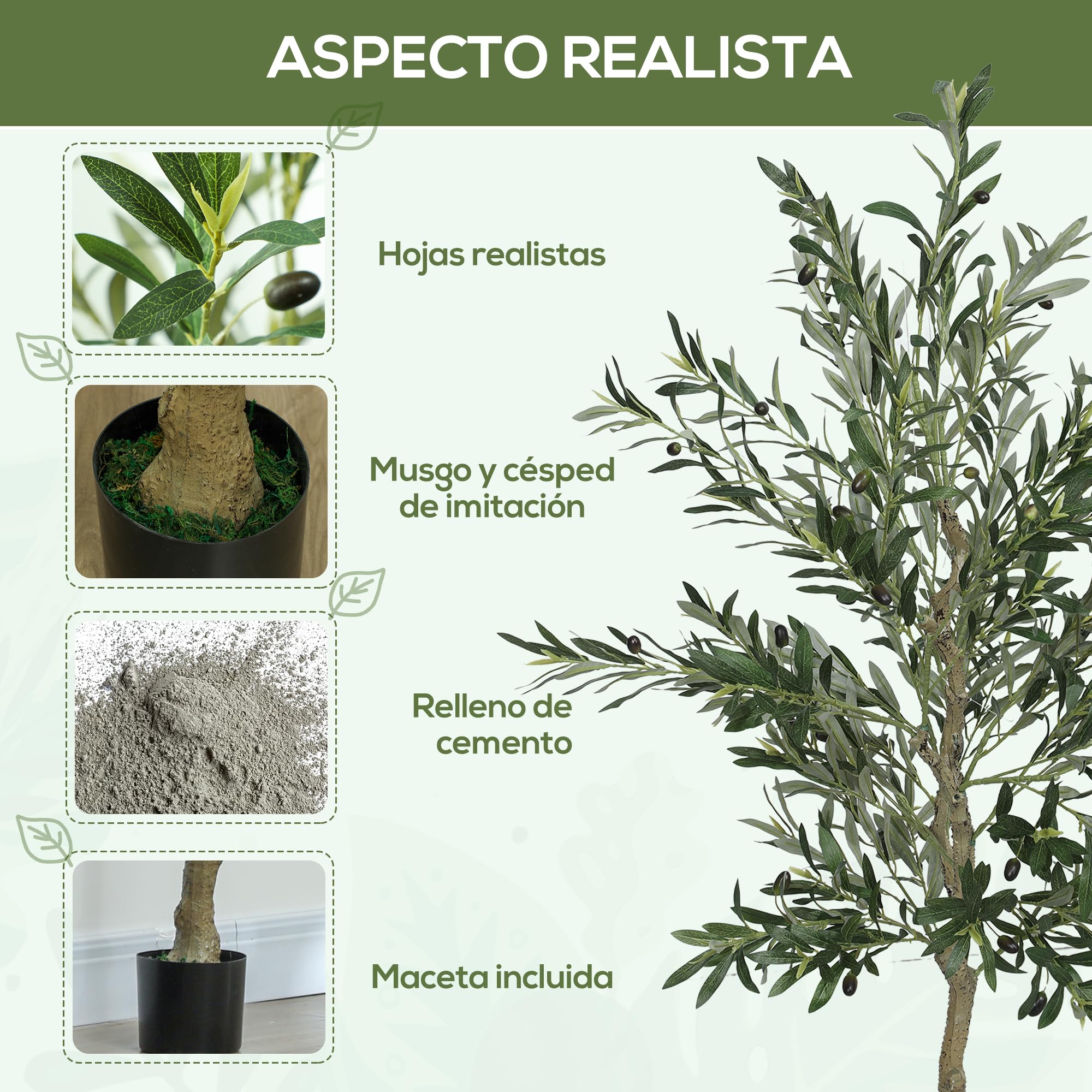 HOMCOM Olivo Artificial 180 cm Planta Artificial Grande 40 Aceitunas Verde | Decorativa de Interior, para Decoración de Hogar, Oficina, Dormitorio y Balcón