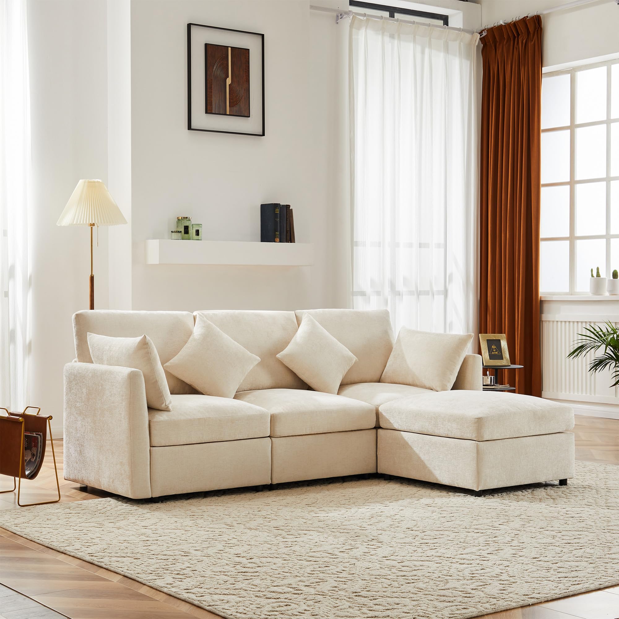 Divano moderno,divano componibile in tessuto cinigliato,sofa letto 3 posti,a quattro posti,divano angolare a L con poggiapiedi,divani,divani con penisola,216x161x81cm (Beige)