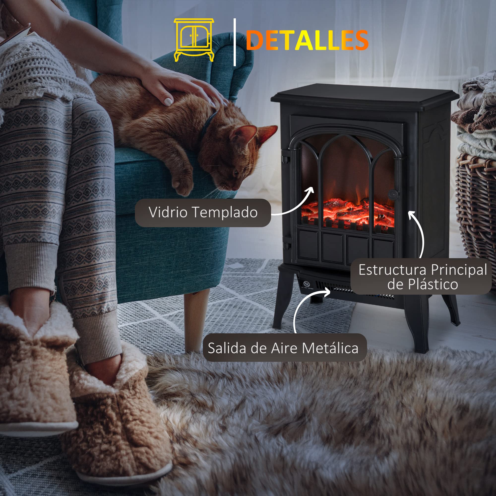 HOMCOM Chimenea Eléctrica de Pie 1000W/2000W Decorativa con Ventana Efecto Llama Temperatura Ajustable Protección Sobrecalentamiento 39x23x56,5 cm Negro
