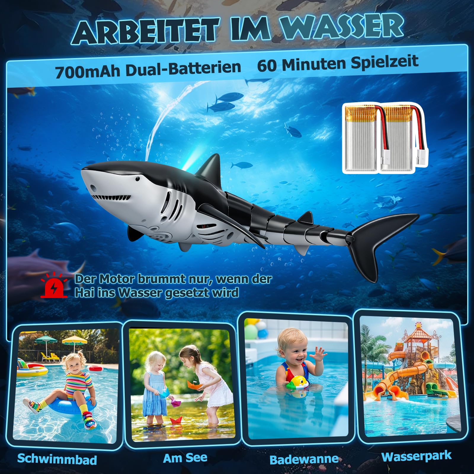 YOOHBERRYS Ferngesteuerter Hai, 2.4GHz Hai Spielzeug, Ferngesteuertes Hai-Boot mit Licht- und Wassersprühfunktion, Pool Spielzeug Geschenk für 6+ Jahre Junge Mädchen (Grau)