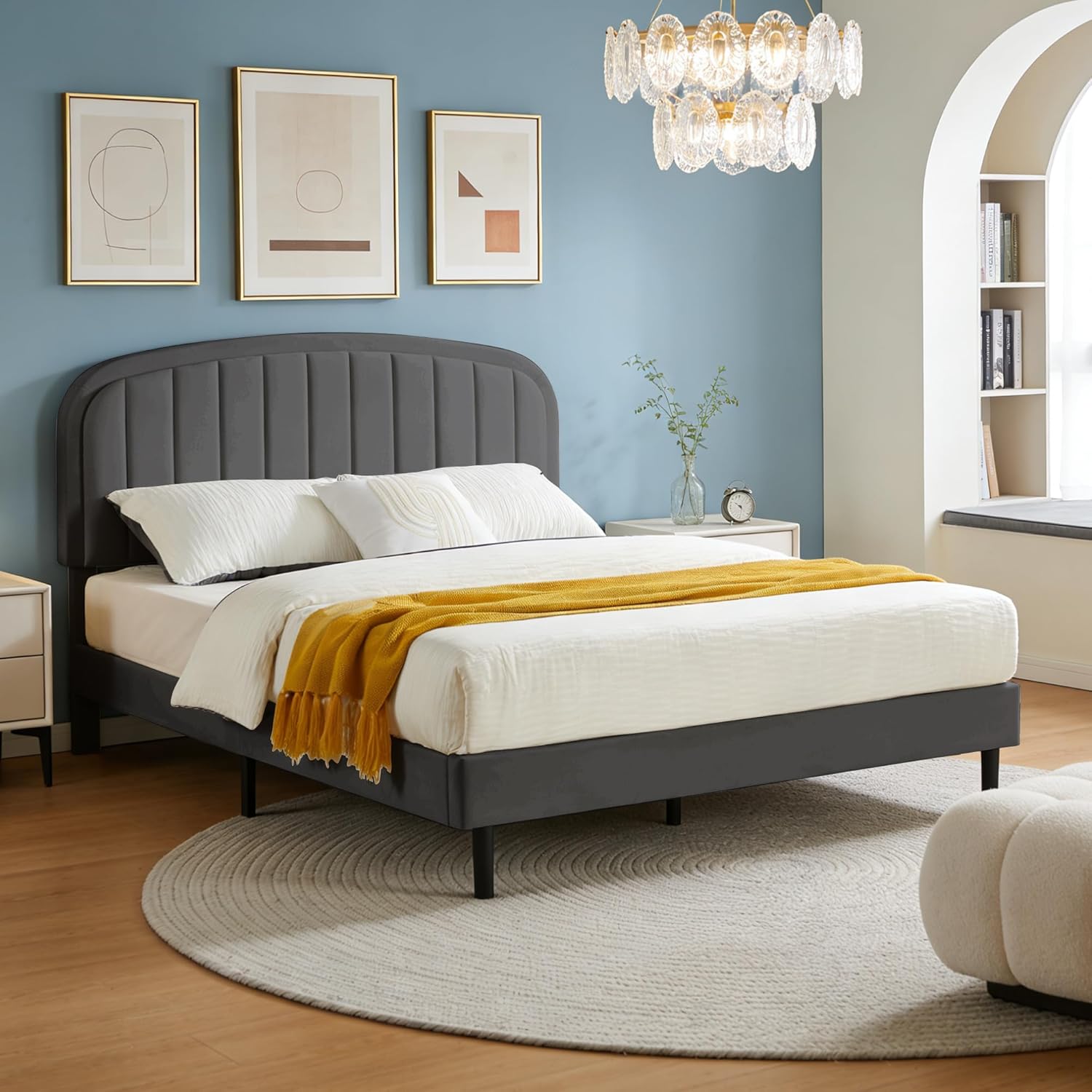 Furnify King Bed Frame, Soft Bedframe with Rounded Corners, Upholstered Velvet Fabric Platform Bed Frame with Round Headboard, Modern Style, No Box Spring Required, Easy Assembly, Grey
