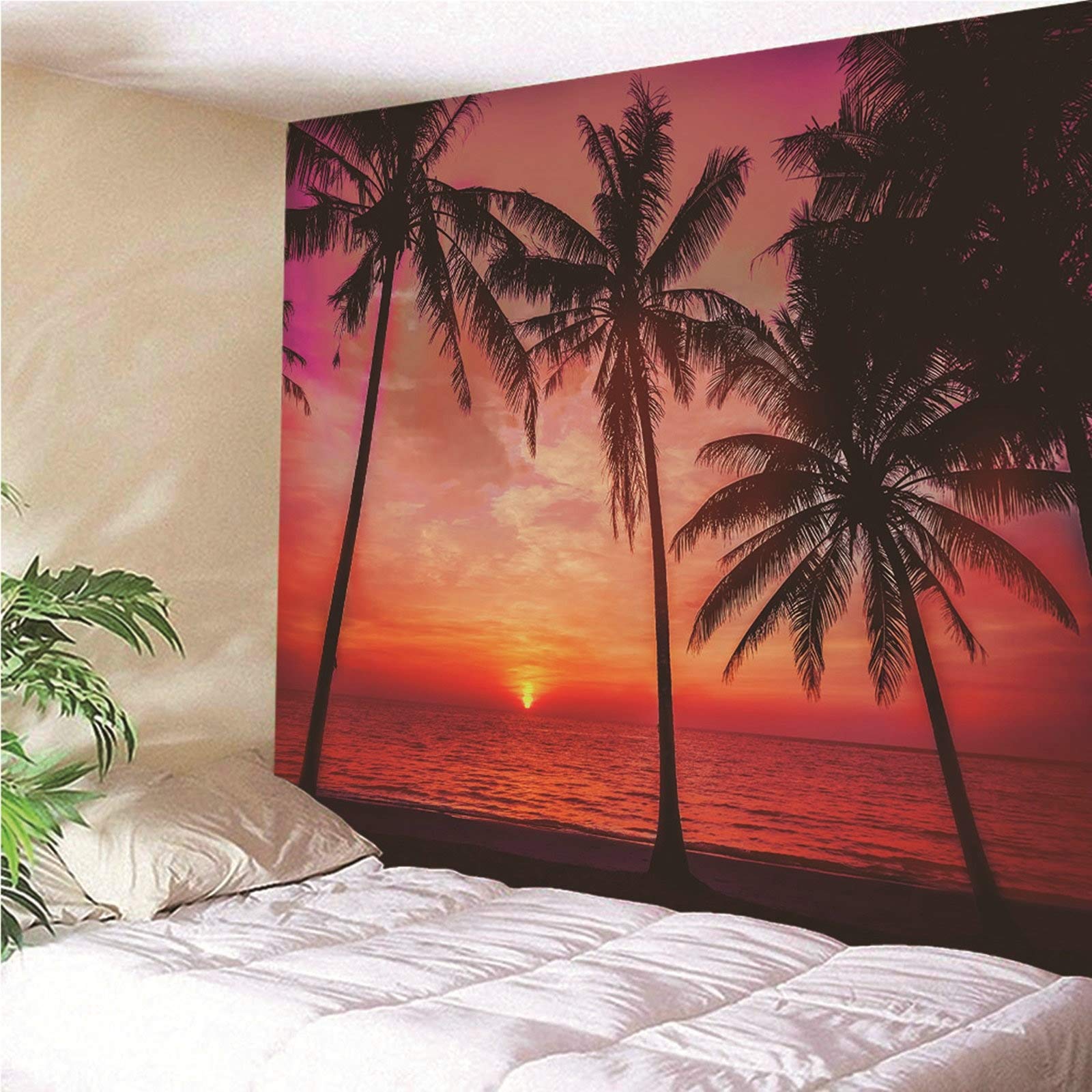 Aeici Tela Pared Playa, Tapiz Techo Tapiz Árbol de Coco de Sunset Beach- Naranja Negro, 300x260CM