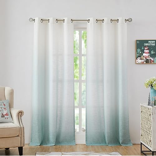 Central Park Ombre Rayon Blend Heavy Linen Texture Window Curtain Panel 6 Grommets Top Gradient Cream White to Aqua Window Drapes Treatment for Living Room/Bedroom, Set of 2, 40" x 108" Each