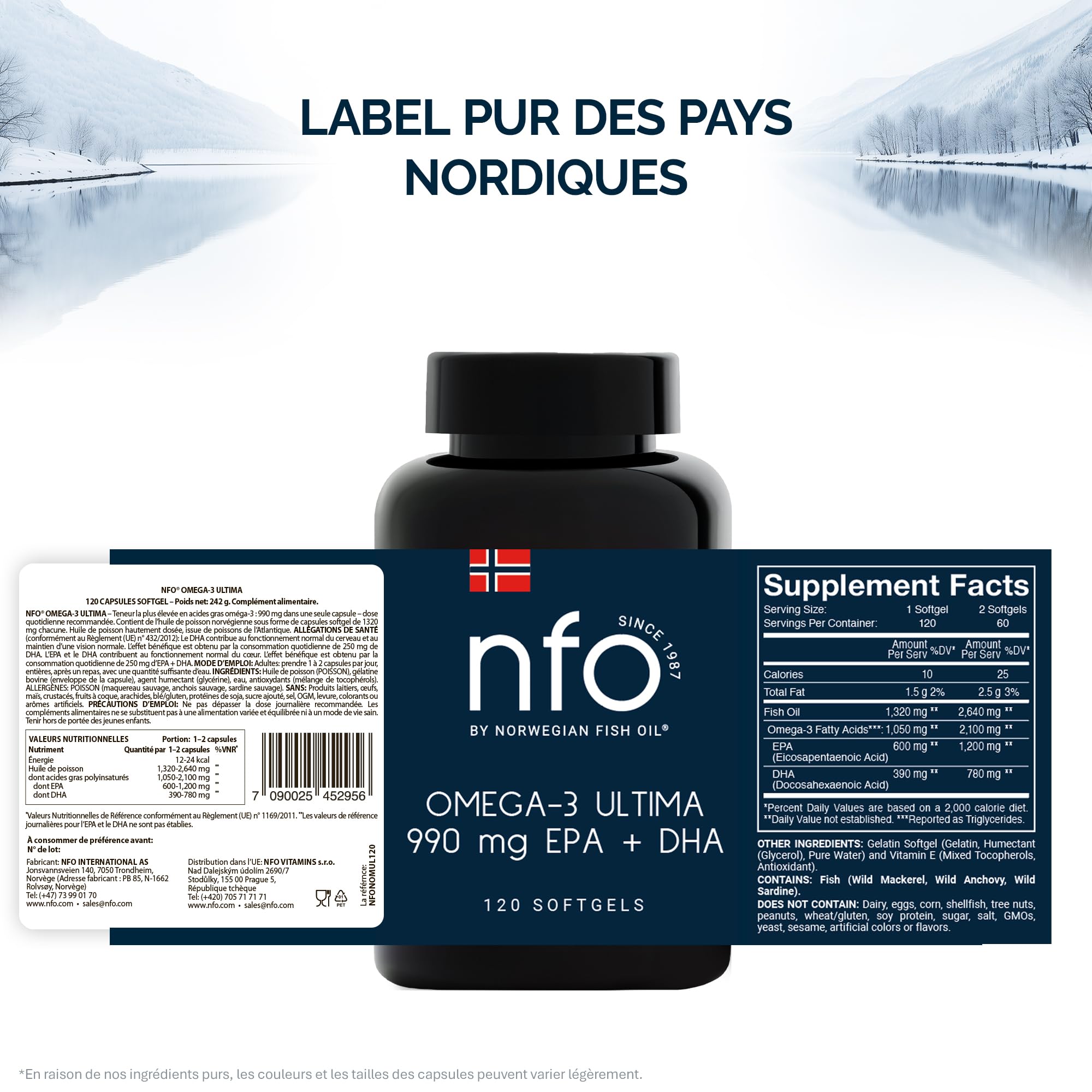 NFO OMEGA 3 ULTIMA [120 Gélules] Huile de poisson Omega 3 norvégienne à concentration maximale en Omega 3 DHA EPA en triglycérides, Avec vitamine E, Oméga 3 hautement dosés, Complexe d’acides aminés