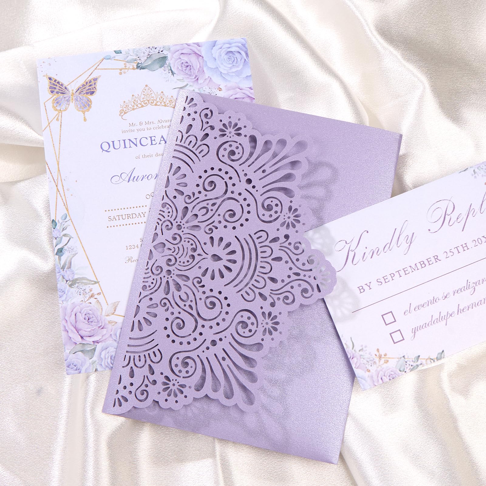 Hochzeitseinladungen, personalisierbar, lasergeschnitten, mit Umschlägen und RSVP-Karten für Verlobung, Quinceanera, Brautparty, Geburtstag, Lila, 50 Stück