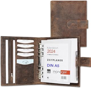 ALMADIH Leather A5 Planner with Rings, Calendar 2024 Writing Pad Made from Premium Cow Leather Brown Vintage - Personal Organiser Conference Folder System Ring Binder Zipper Portfolio Workbook