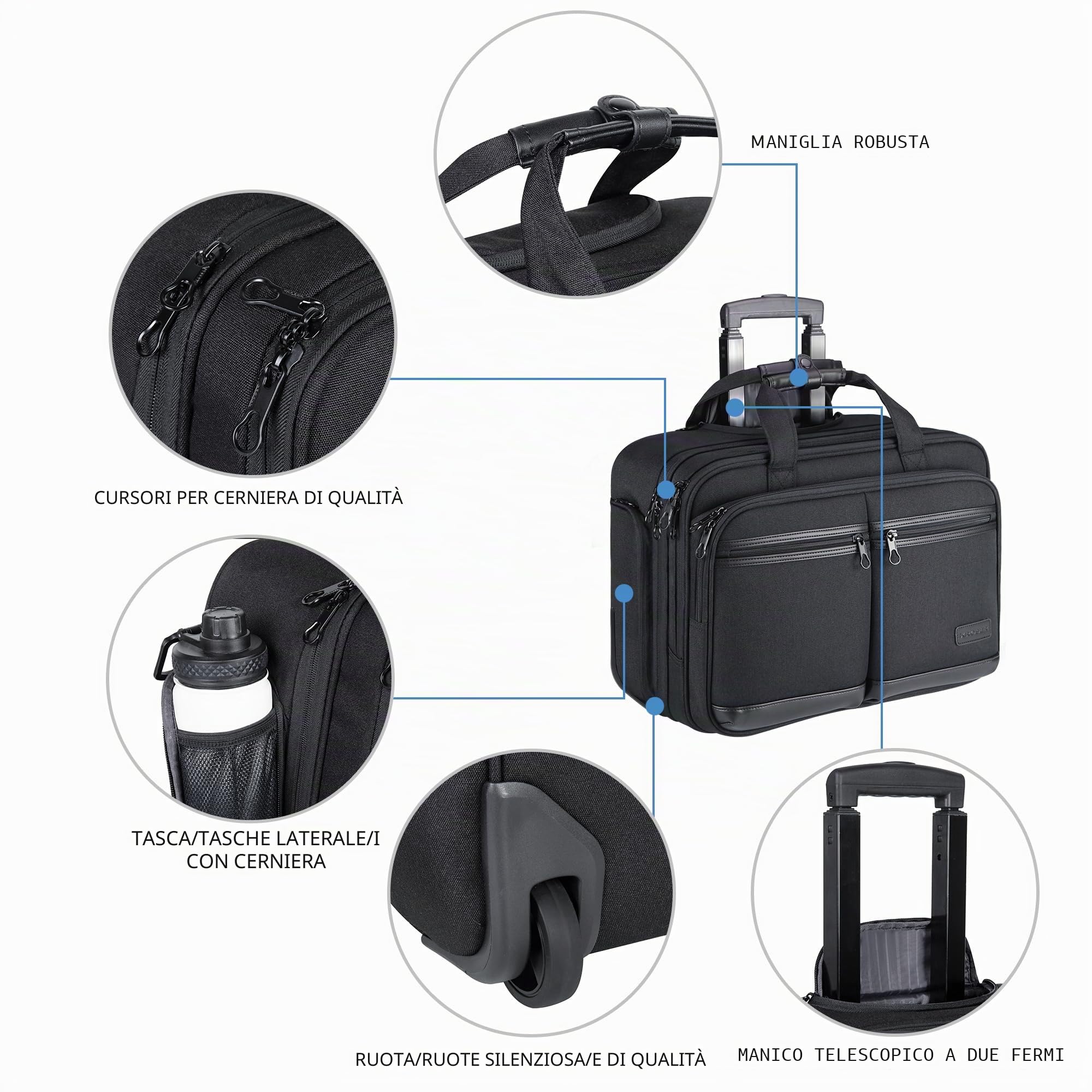 KROSER Trolley Business Rolling Laptop Case con ruote fino a 17,3 pollici, impermeabile, con tasche RFID per viaggio/scuola/uomo/donna, colore nero