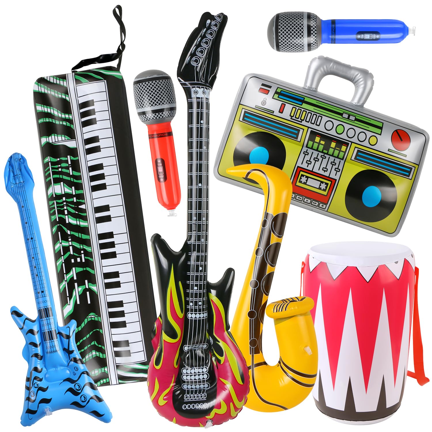 8 Pack Inflatable Rock Star Toy Set,Blow Up Boom Box Drum Guitar Bass Musical Instrument Party Props for 80s 90s Party Decorations, Christmas Birthday
