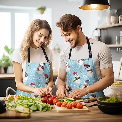 Miniatura 2 de Delantal de cocina con diseño de muñeco de nieve azul Let It Snow, delantal de invierno con correa ajustable, diseño de copos de nieve con dos