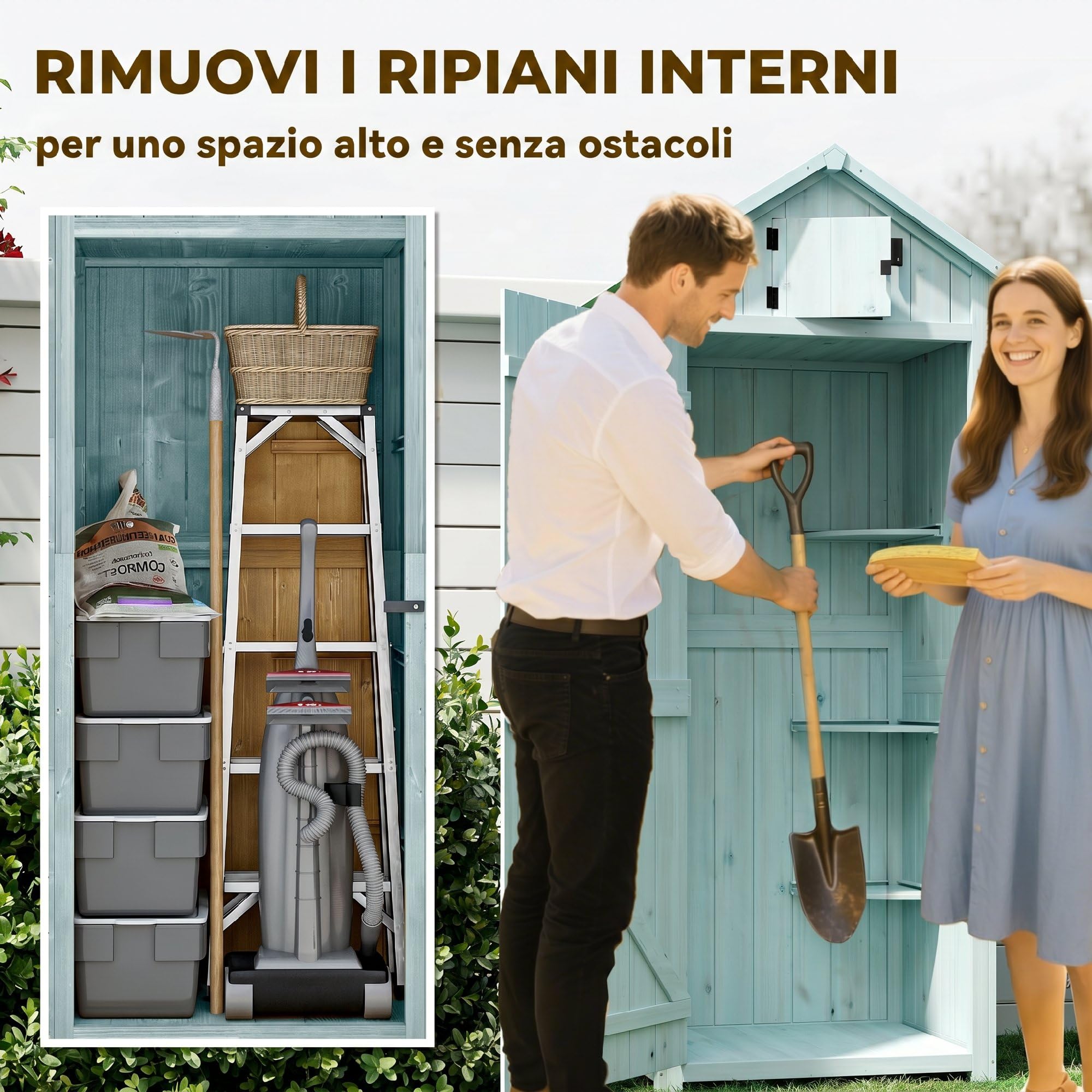 Outsunny Capanno da Giardino Piccolo in Legno, Porta Attrezzi Salvaspazio, 3 Mensole Rimovibili, Tetto in Asfalto Impermeabile, 77x54.2x179cm, Blu