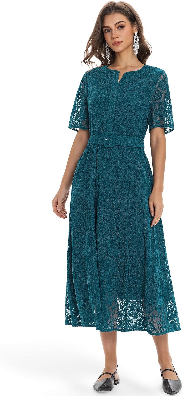 D-Sun Women Short Sleeve Floral Lace Dress V Neck Button Down Belted Elegant Party Cocktail Mid A-Line Dress with Pockets