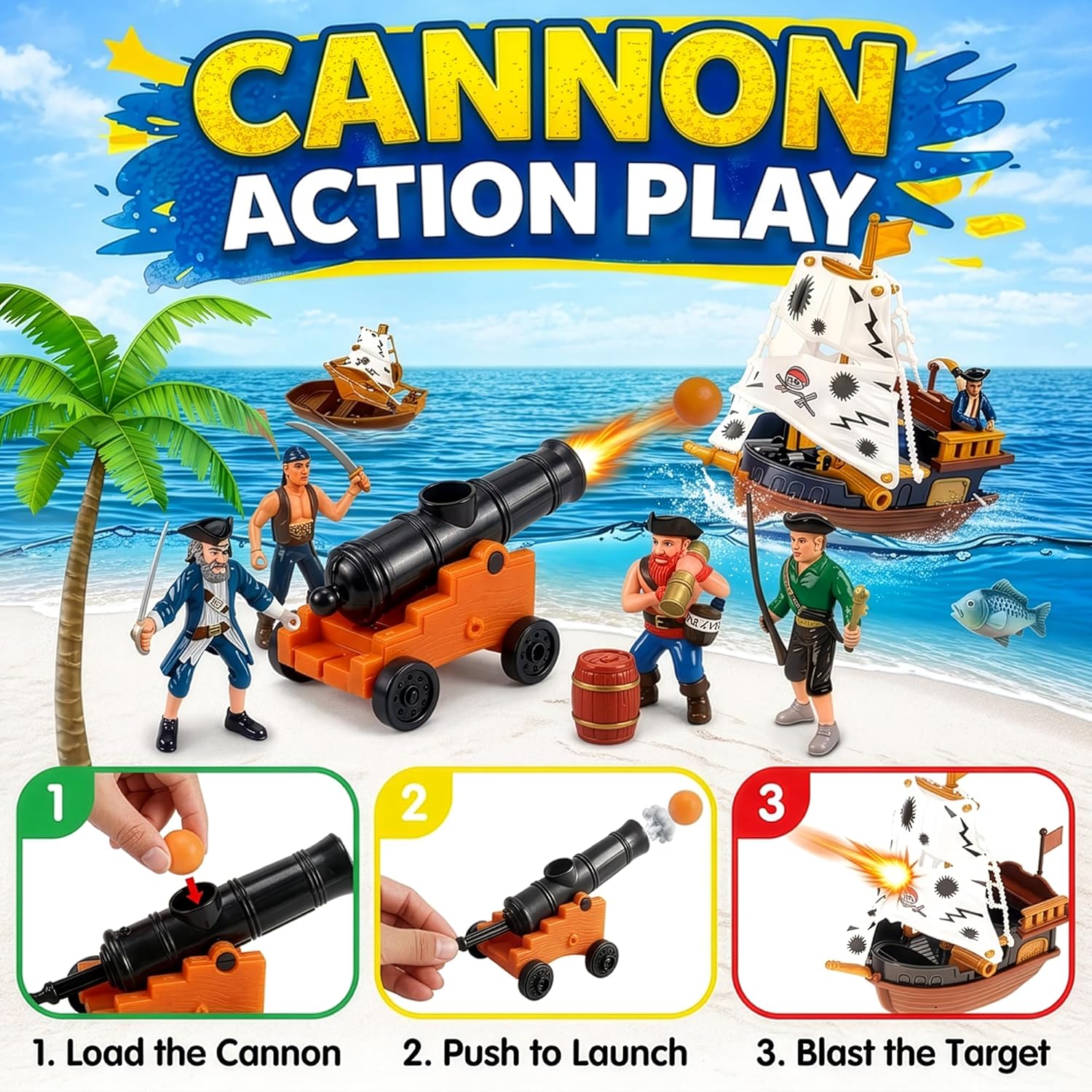 Liberty Imports Bucket of Pirate Action Figures Toys Playset with Pirate Ship, Boat, Treasure Chest, Cannons, Shark for Kids Imaginary Pretend Play