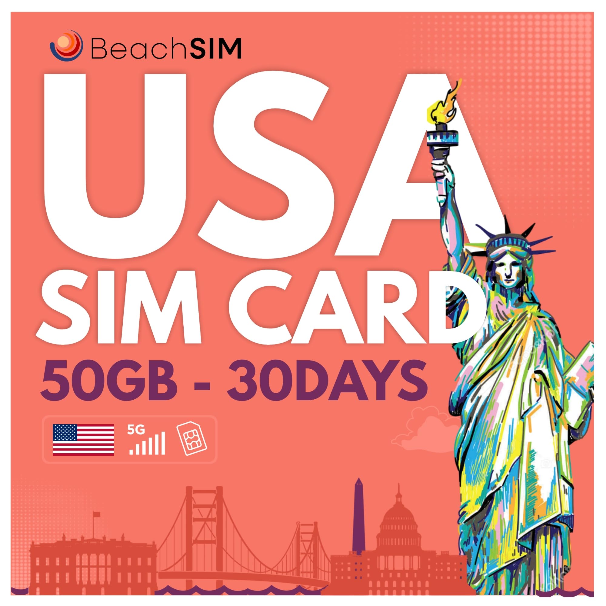 Carte SIM USA 30 Jours. 50 Go de Volume de données avec réseaux 4G/5G. Activation Rapide. Chargement Facile. Données Uniquement. Fonctionne sur Les appareils iOS et Android.