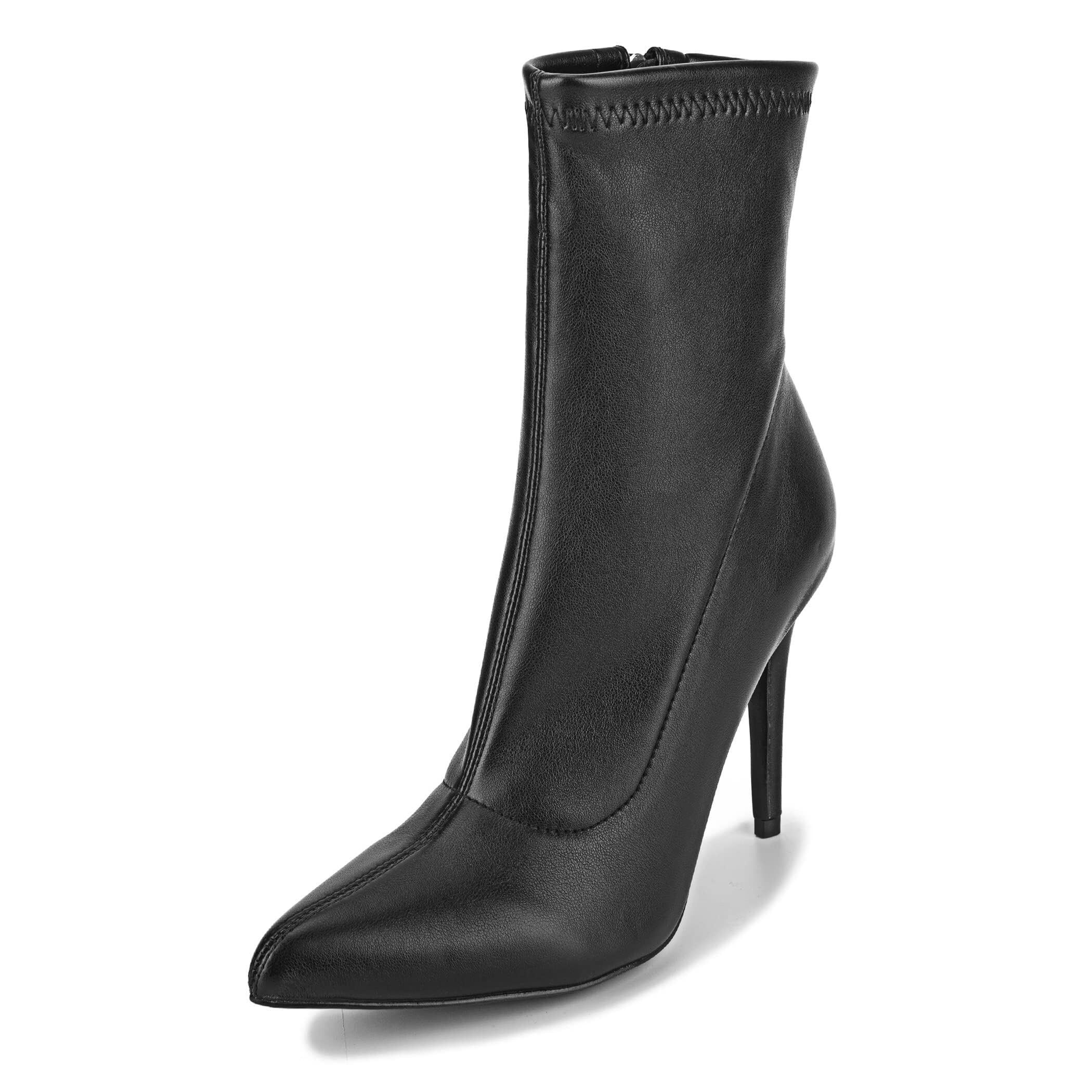 CAMSSOO Womens Ankle Boots Stiletto High Heels Boots Sexy Pointed Toe Side Zipper Sock Boots Comfy Mid Calf