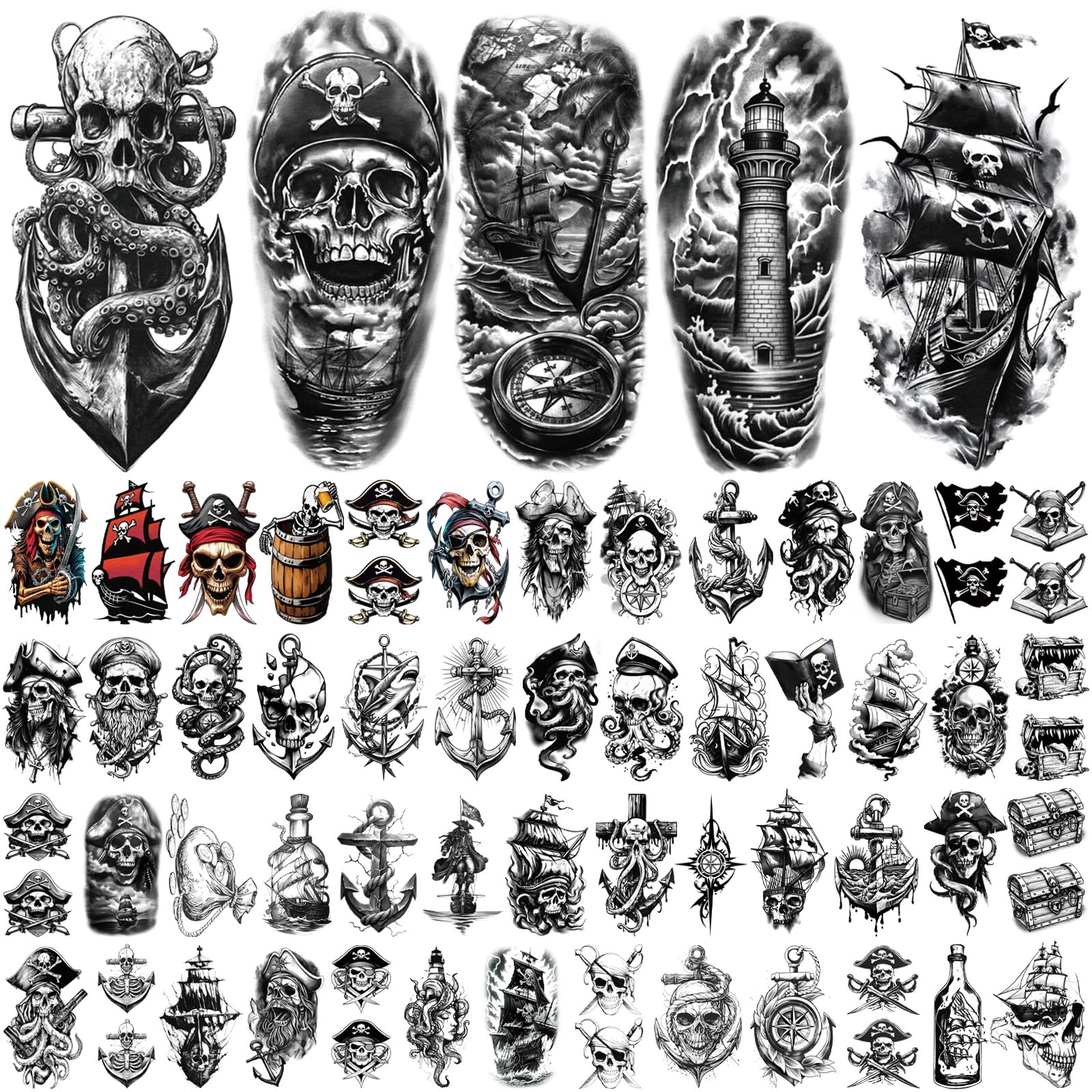 77 Sheets Temporary Pirate Tattoos, Captain Anchor Compass Sailboat Tattoos, Pirate Ships, Skull, Crossbone - Image 2