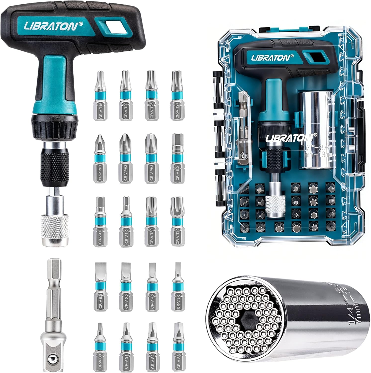 LIBRATON 24PCS Universal Socket & Ratchet T-Handle Screwdriver Set with Multi Bit Set, Magnetic Ratcheting Handle, Socket Adapter, with Storage Case, for DIY, Auto Repair