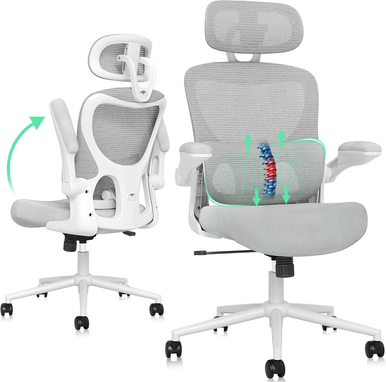 SUNNOW Ergonomic Office Chair, Comfy Mesh Desk Chair, High Back Computer Gaming Chairs with Adjustable Lumbar Support, Flip-Up Arms, Headrest, Tilt Function, Wide Cushion, Swivel Rolling Wheel (Grey) SUNNOW Ergonomic Office Chair, Comfy Mesh Desk Chair, High Back Computer Gaming Chairs with Adjustable Lumbar Support, Flip-Up Arms, Headrest, Tilt Function, Wide Cushion, Swivel Rolling Wheel (Grey)