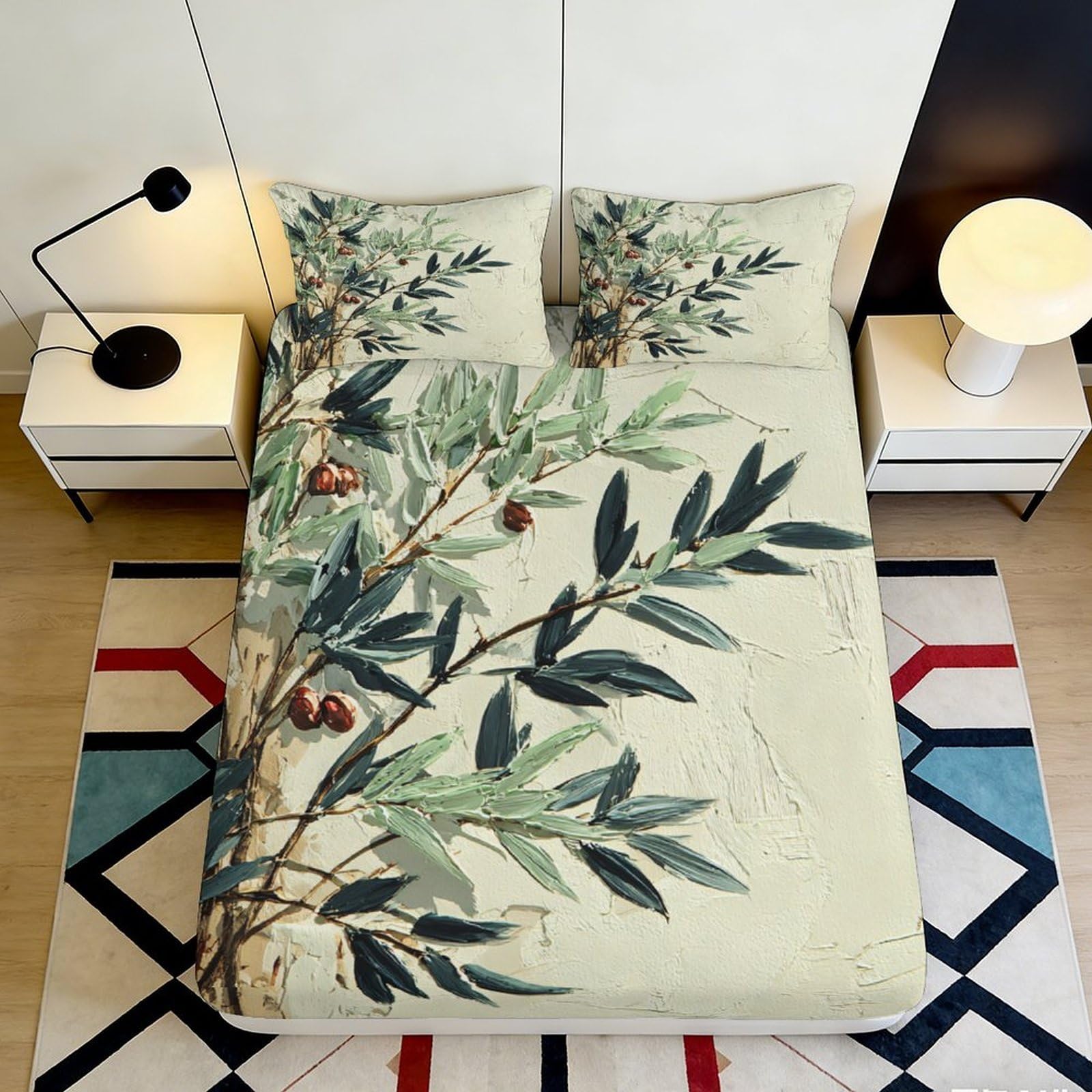 3D Printed Olive Branch Fitted Sheet Microfiber Artistic Leaves Mattress Cover for Bedroom Guest Room Easy Care Decor 180x200x25cm