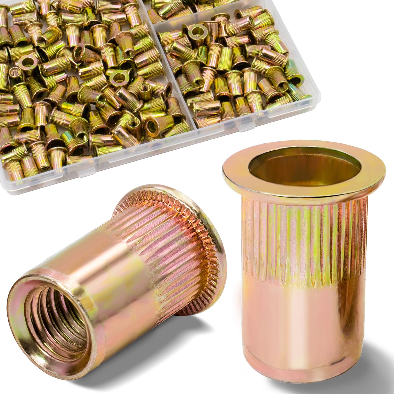 Vifmy 160Pcs M5 Rivet Nuts, Metric Zinc Plated Finish Carbon Steel Flat Head Threaded Insert Nutsert Kit, Yellow