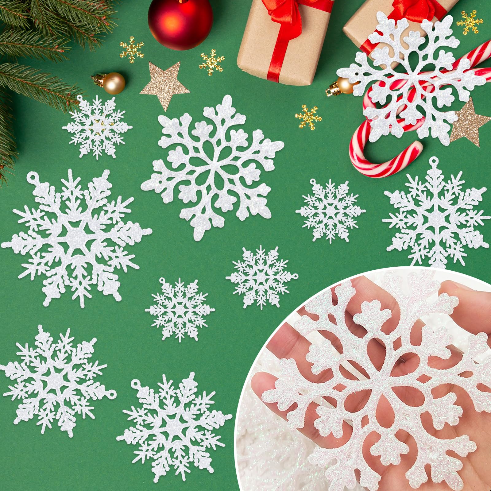 Weiße Schneeflocken-Ornamente, Kunststoff, Glitzer, Schneeflocken, Ornamente für den Winter, Weihnachtsdeko, Weihnachtsbaumschmuck, Größe variiert, 36 Stück