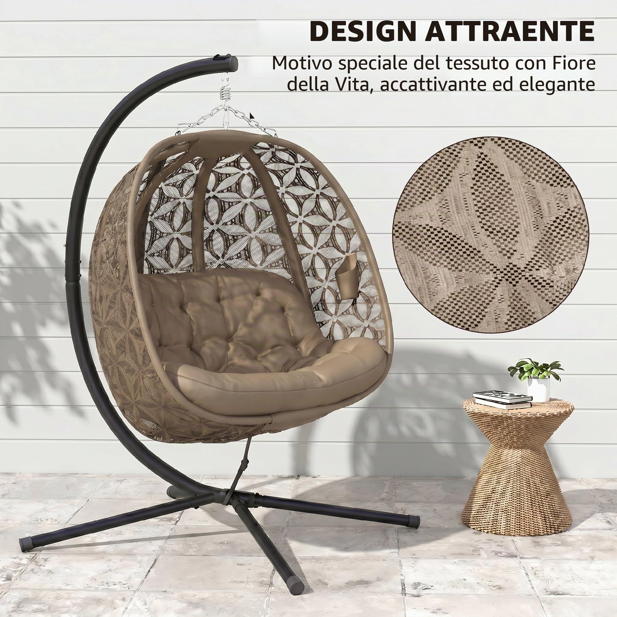 Outsunny Poltrona sospesa con telaio per 2 persone, pieghevole, con cuscino spesso, porta bevande, cintura di sicurezza, XXL, a forma di uovo, fino a 240 kg, per interni ed esterni, giardino, sabbia