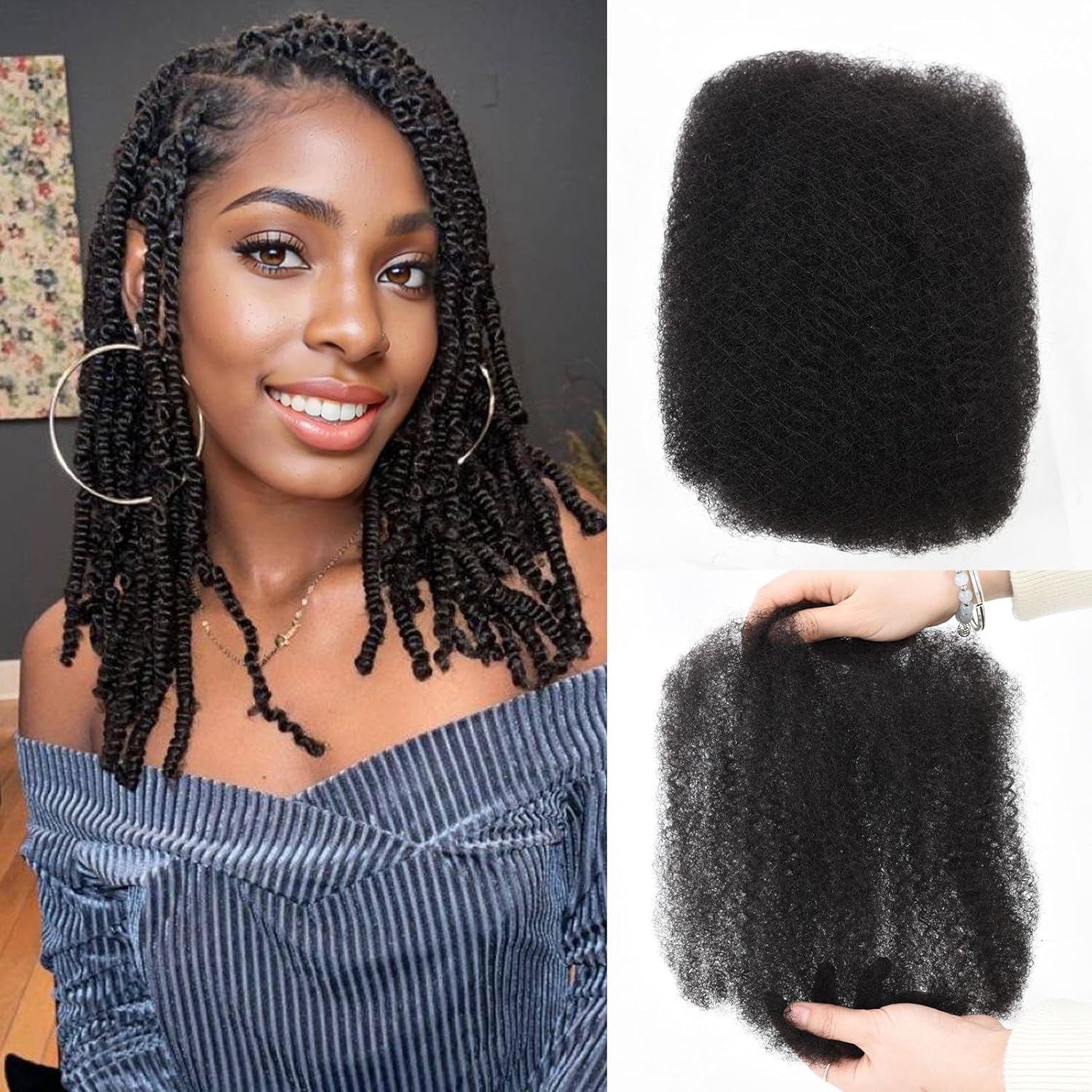 Teresa Afro Kinkys Bulk Human Hair For Twists, Afro Kinky-Curly Human Hair Bulk For Dreadlocks Extensions,Bulk Human Braiding Hair Afro Kinky Twist Extensions Natural And Soft (16 Inch, 30g/Pack)