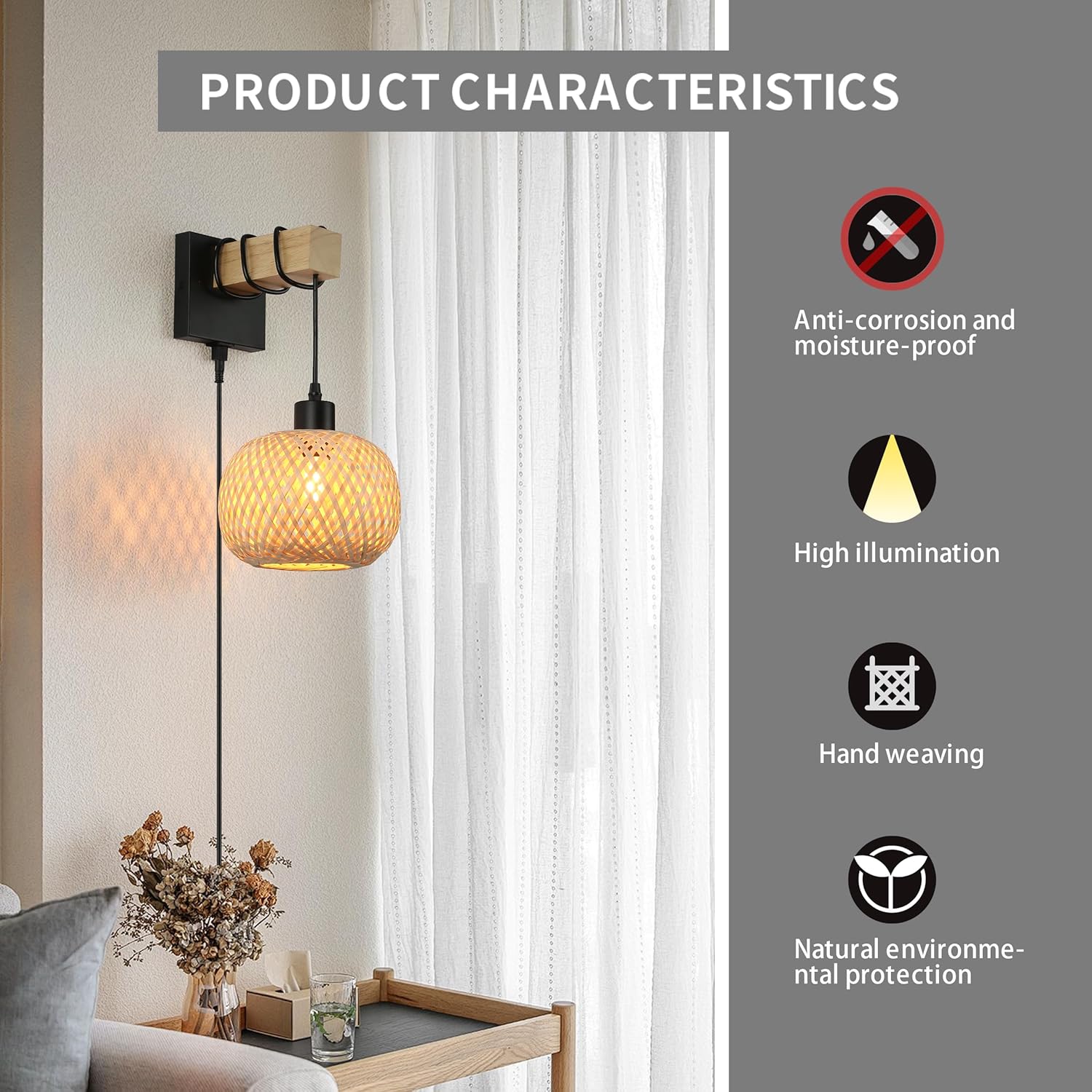 Plug in Bamboo Wood Wall Sconces, Industrial Hand-Woven Rattan Lampshade Hanging Wall Lamp with Metal Base, Farmhouse Rustic Wall Mounted Light Decor for Kitchen Island, Living Room, Bedroom