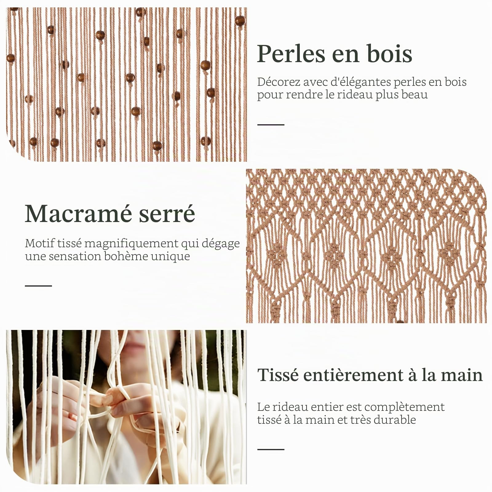 BECHAEO Rideau en macramé bohème avec perles en cordon, rideau de porte en tissu fait main avec perles en bois pour fenêtre, porte, placard ouvert, chambre, salon, décoration intimité, 200,7 cm L x