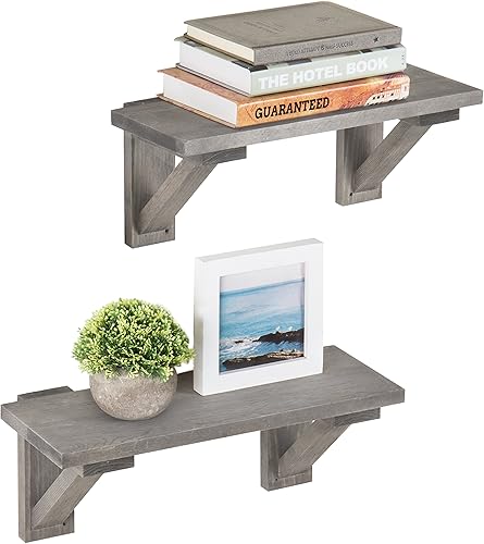 Miniatura 5 de MyGift Estantes flotantes de madera gris rústica con soportes de madera, estante colgante de pared para sala de estar, 17 pulgadas, juego de 2