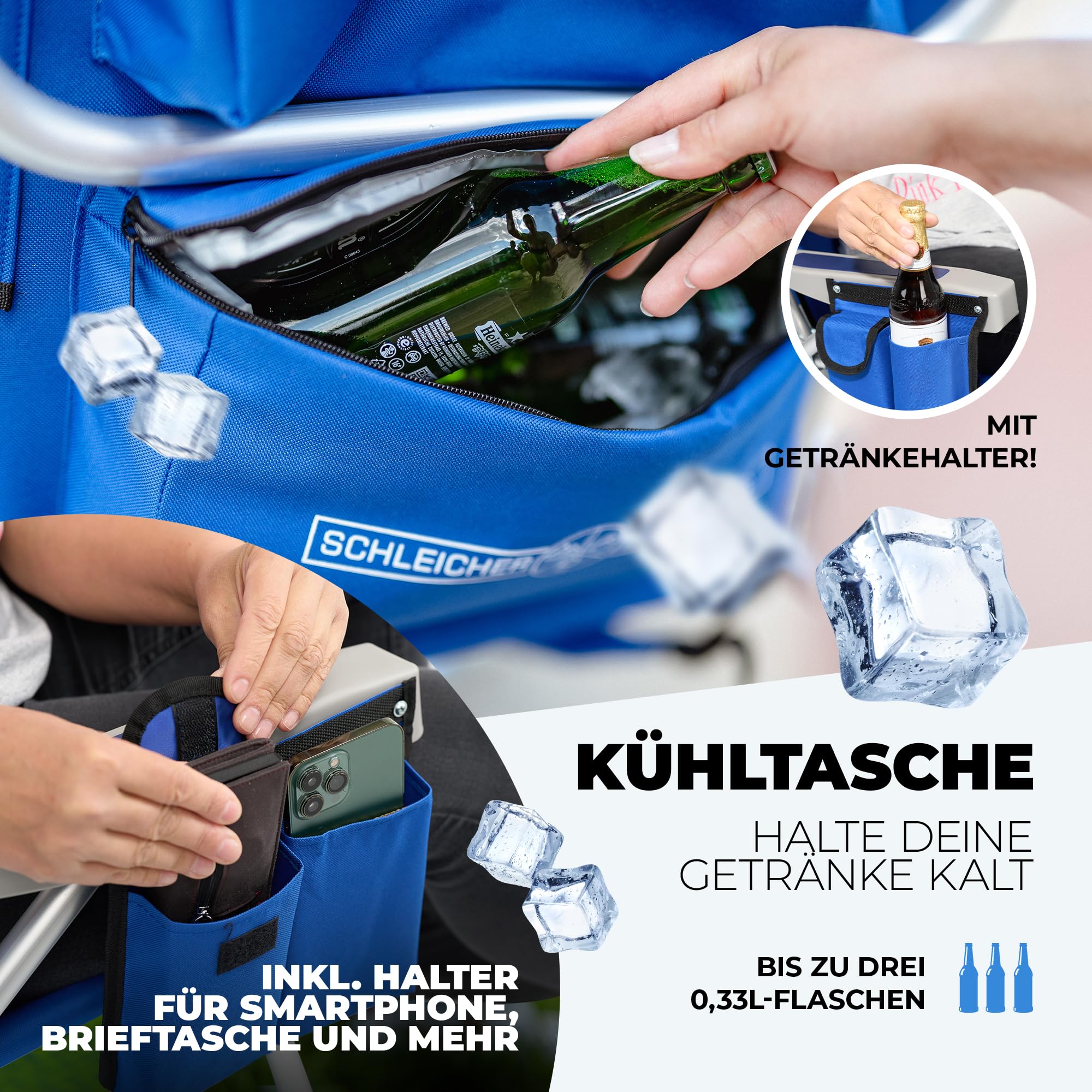 Schleicher 4-in-1 Strandstuhl & Campingstuhl – Ultraleicht mit Rucksackfunktion, Kühlfach & Kissen – Belastbar bis 150kg – Faltbarer Outdoorstuhl für Strand & Reise – Ocean Blue