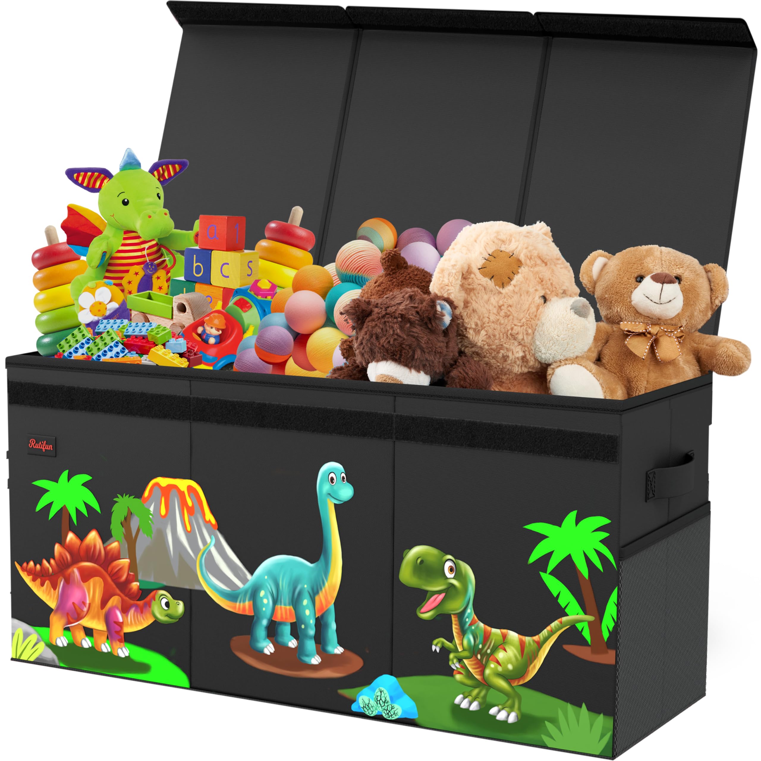 RUTIFUN XL Dinosaur Toy Box - Foldable & Collapsible Cardboard Toy Chest Storage, Cute Dinosaur Design - Extra Large Organizer with Lid, Kids Storage with Removable Dividers & Mesh Pocket - Black