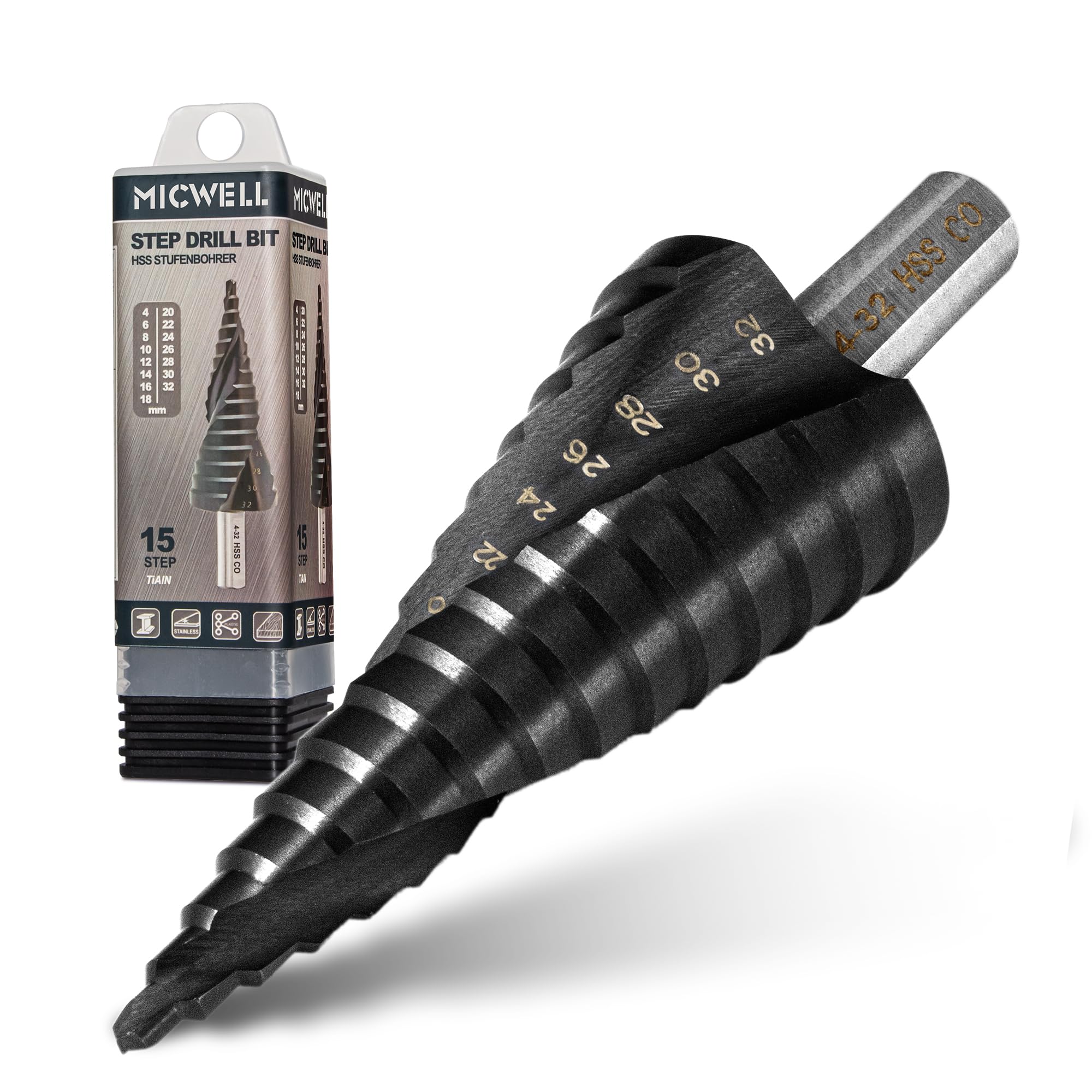 MICWELL HSS Step Drill Bit,M35 Cobalt Step Drill,Spiral Step Drill Bit (4-32mm) Wear-Resistant TiAlN Coated for Hard Metal,Wood,PVC and Stainless Steel