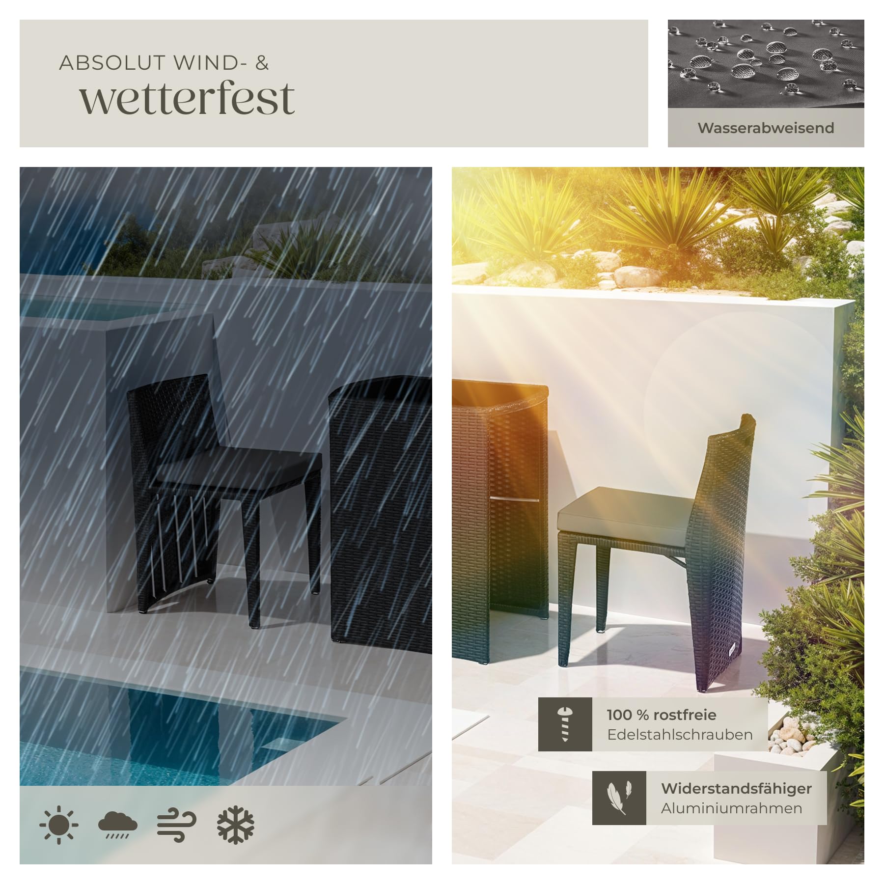 tectake® Poly Rattan Bistroset mit Aluminium Gestell, platzsparend zusammenschiebbar, Gartenmöbel Set mit 2 Stühlen & Tisch, Outdoor Möbel, Sitzgruppe für Garten Wintergarten Balkon Terrasse - schwarz