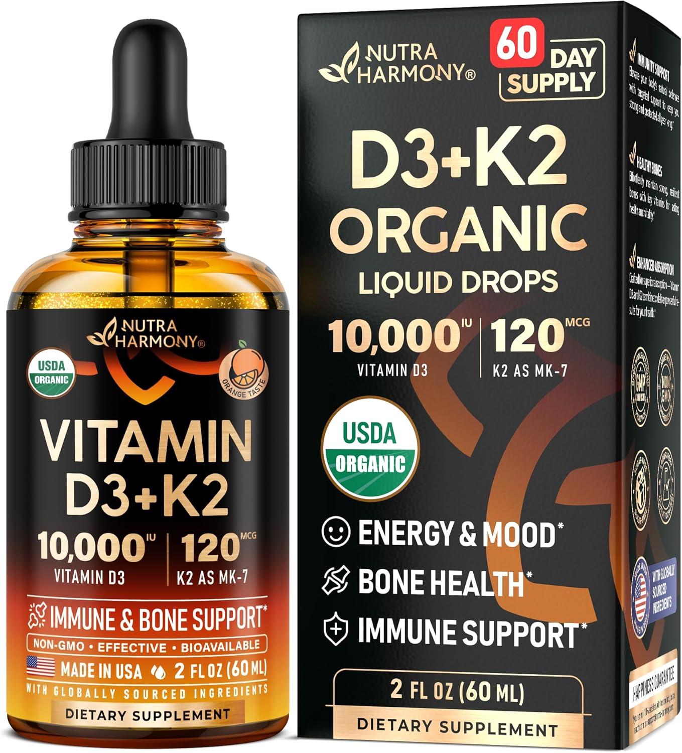 Vitamin D3 K2 USDA Organic Drops – Vitamin D3 10000 IU & K2 as MK-7 120mcg – Immune & Mood Support, Bone & Teeth Health – Sugar-Free Orange Flavor – Liquid Supplement – Made in USA – 2 FL OZ, 60 Days