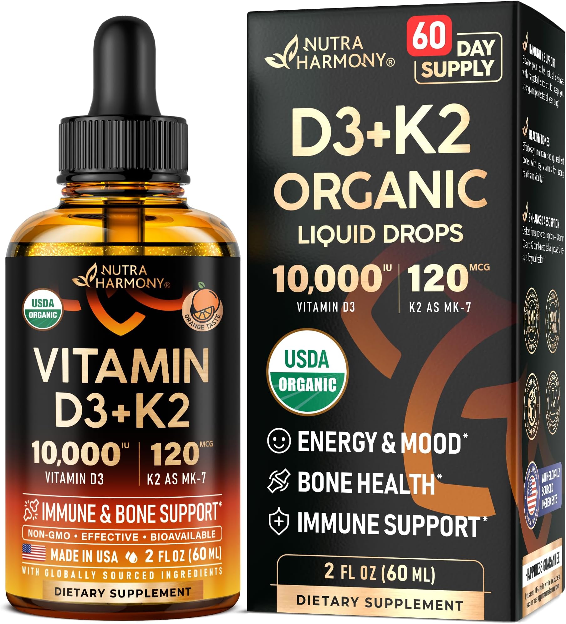 Vitamin D3 K2 USDA Organic Drops - Vitamin D3 10000 IU & K2 as MK-7 120mcg - Immune & Mood Support, Bone & Teeth Health - Sugar-Free Orange Flavor - Liquid Supplement - Made in USA - 2 FL OZ, 60 Days