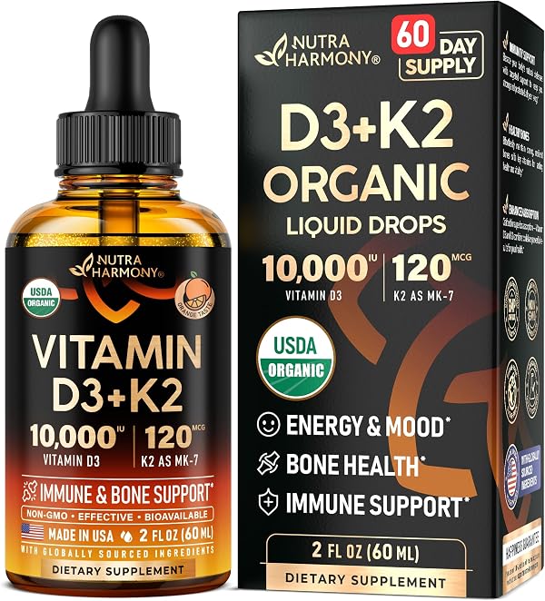 Vitamin D3 K2 USDA Organic Drops - Vitamin D3 10000 IU & K2 as MK-7 120mcg - Immune & Mood Support, Bone & Teeth Health - Sugar-Free, Orange Flavor - Liquid Supplement - 2 FL OZ, 60 Day Supply
