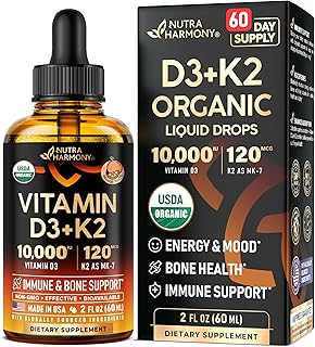 Vitamin D3 K2 USDA Organic Drops - Vitamin D3 10000 IU & K2 as MK-7 120mcg - Immune & Mood Support, Bone & Teeth Health - Sugar-Free Orange Flavor - Liquid Supplement - Made in USA - 2 FL OZ, 60 Days USDA Organic