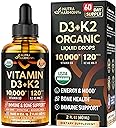 Vitamin D3 K2 USDA Organic Drops - Vitamin D3 10000 IU & K2 as MK-7 120mcg - Immune & Mood Support, Bone & Teeth Health - Sugar-Free Orange Flavor - Liquid Supplement - Made in USA - 2 FL OZ, 60 Days