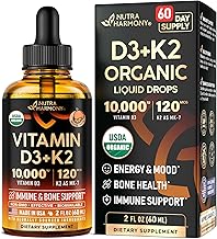 Vitamin D3 K2 USDA Organic Drops - Vitamin D3 10000 IU & K2 as MK-7 120mcg - Immune & Mood Support, Bone & Teeth Health - Sugar-Free Orange Flavor - Liquid Supplement - Made in USA - 2 FL OZ, 60 Days