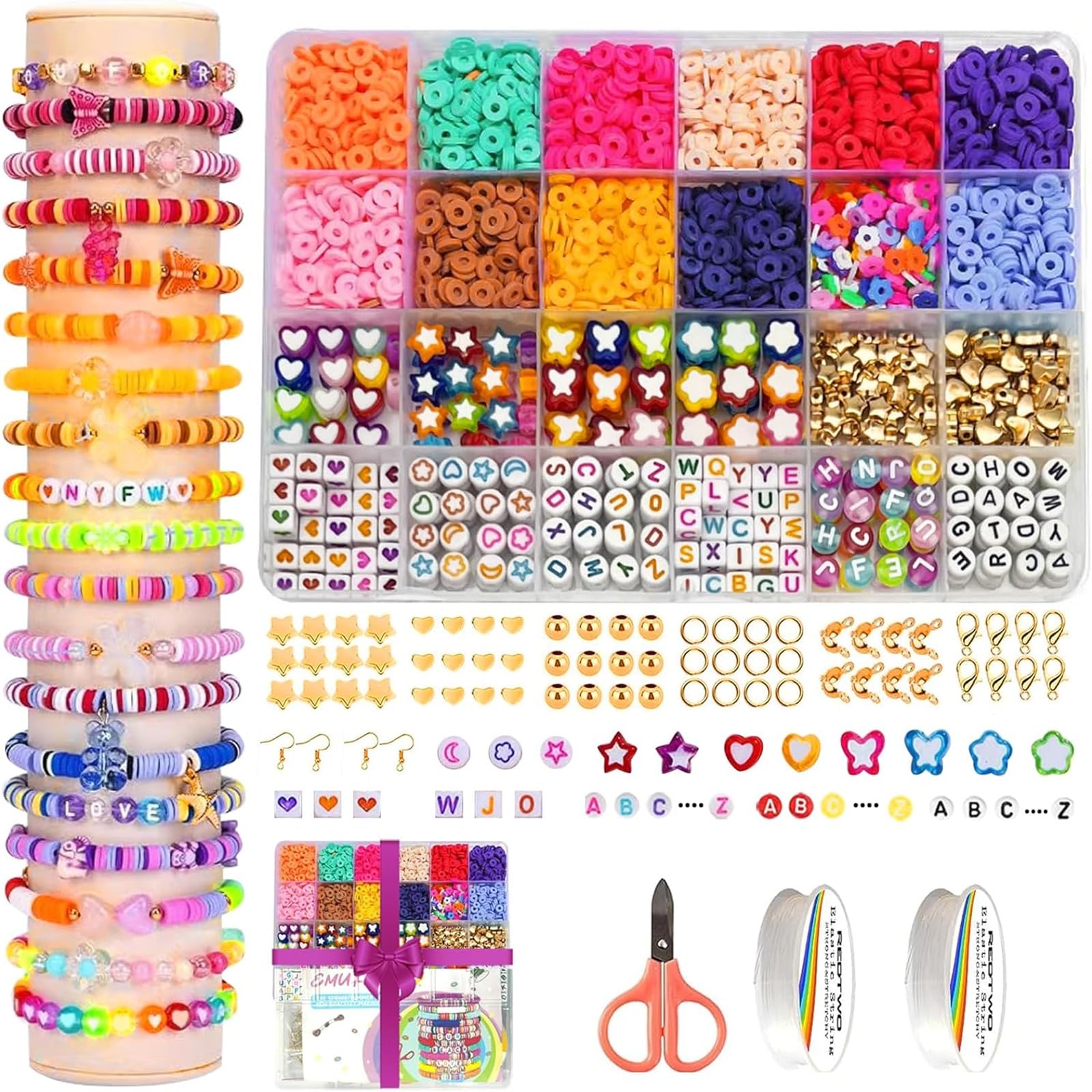 ERDBAR2755 Pcs Clay Beads Bracelet Making Kit, Flat Preppy Beads for Friendship Bracelet Kit Polymer Clay Heishi Beads with Charms for Jewelry Making, Crafts Gifts for Teen Girls