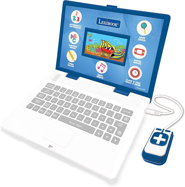 LEXIBOOK JC798i2 Educational and Bilingual Laptop Spanish/English-Toy for Child Kid (Boys & Girls) 130 Activities, Learn Play Games and Music-Blue