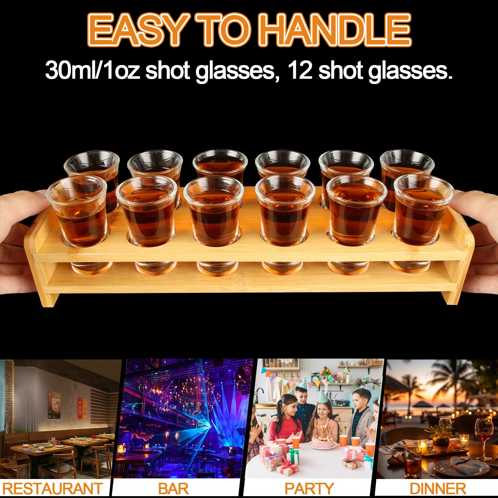 SHUESS Lot de 12 verres à shot droits de 30 ml avec support pour verre à shot – Verre à shot en cristal transparent avec base épaisse – Lot de verres à shot pour whisky, brandy, vodka, rhum et fête à